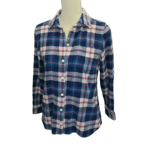 J. Crew Womens 10P Flannel Plaid Button Up Blue Coral Cotton Long Sleeve - Picture 9 of 15